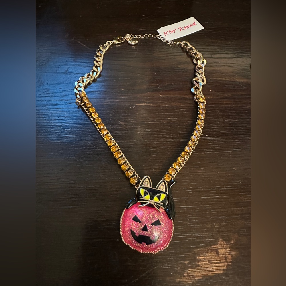 Betsey Johnson pink cat on jack o'lantern
